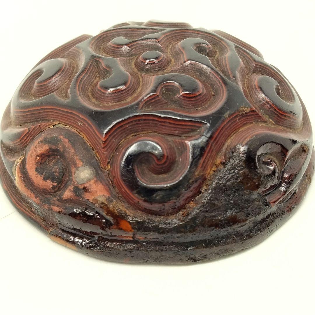 H389 中国 堆朱屈輪香合 茶道具 具利堆黒彫漆 　FF