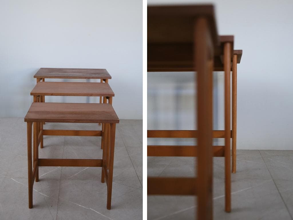 英国アンティーク木製ネストテーブル3台/収納式机/飾り棚/花台(92-57)