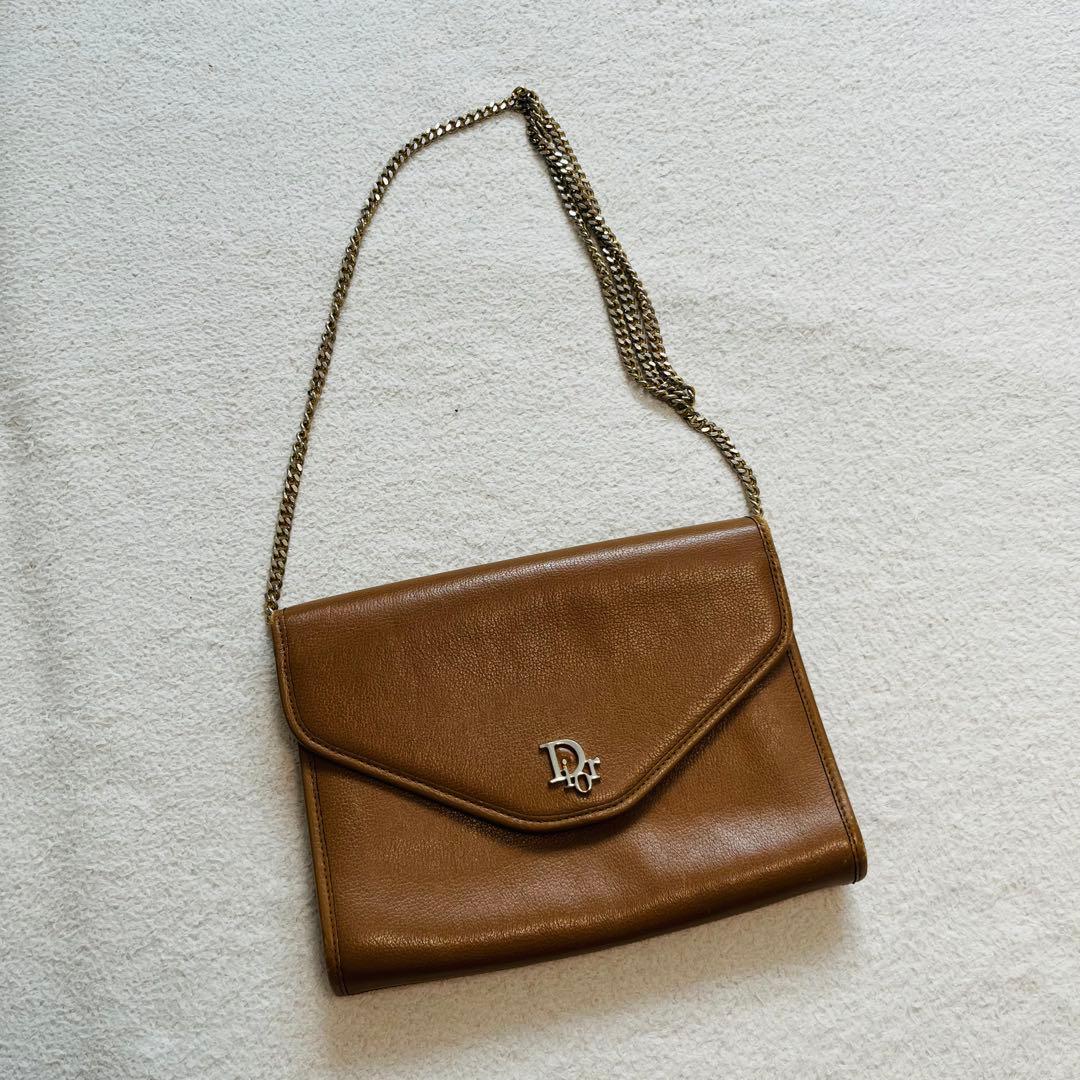 クリスチャンディオール ロゴチェーンショルダーバッグ シボ革 ブラウン 2way
