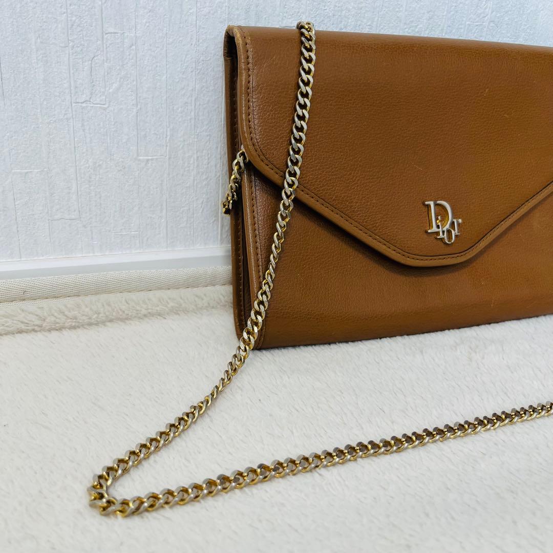 クリスチャンディオール ロゴチェーンショルダーバッグ シボ革 ブラウン 2way