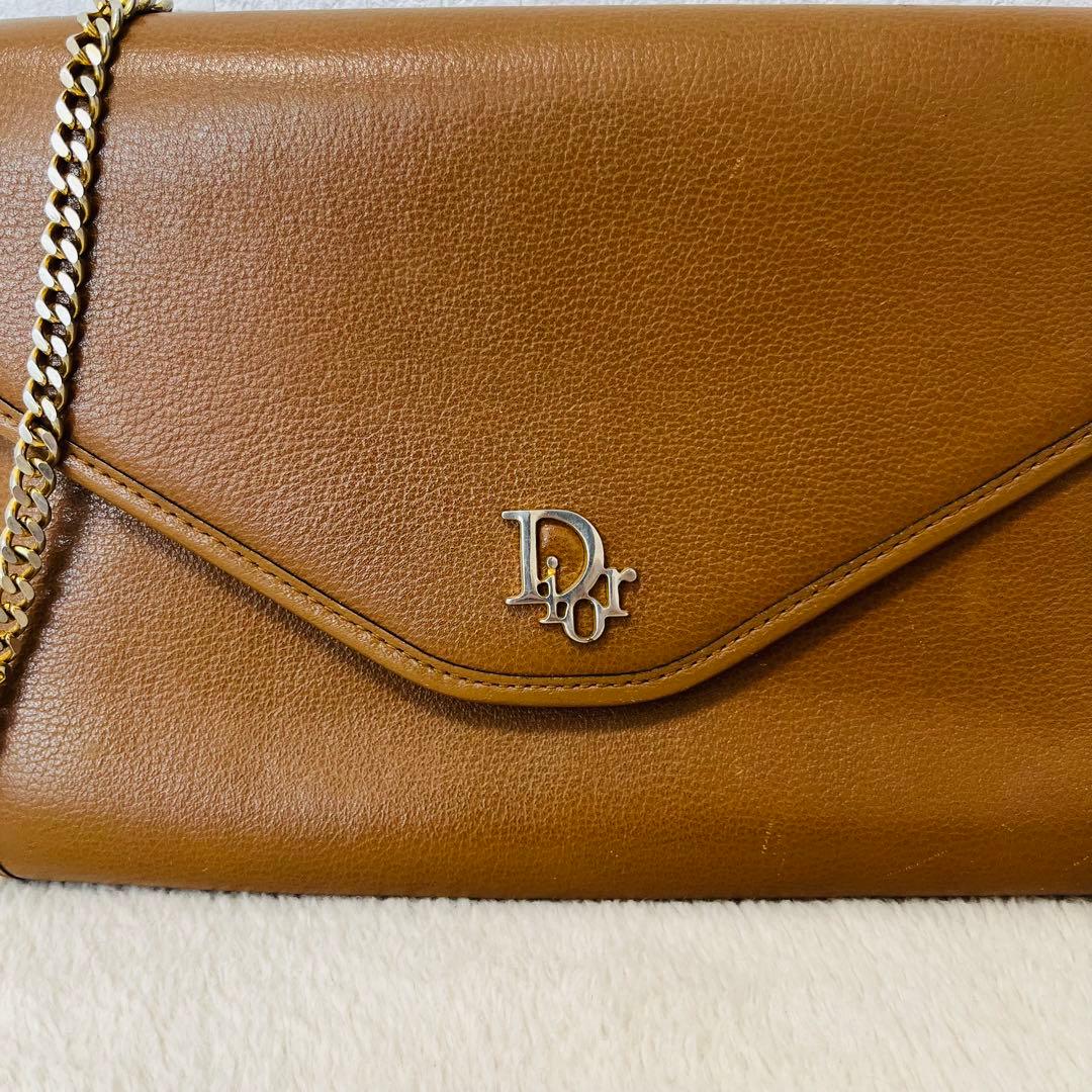 クリスチャンディオール ロゴチェーンショルダーバッグ シボ革 ブラウン 2way