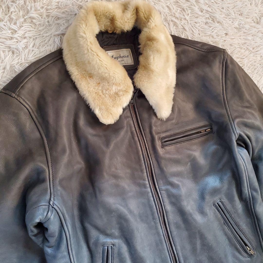 ファー付 レザージャケット 本革ライダース 裏地キルティング XL