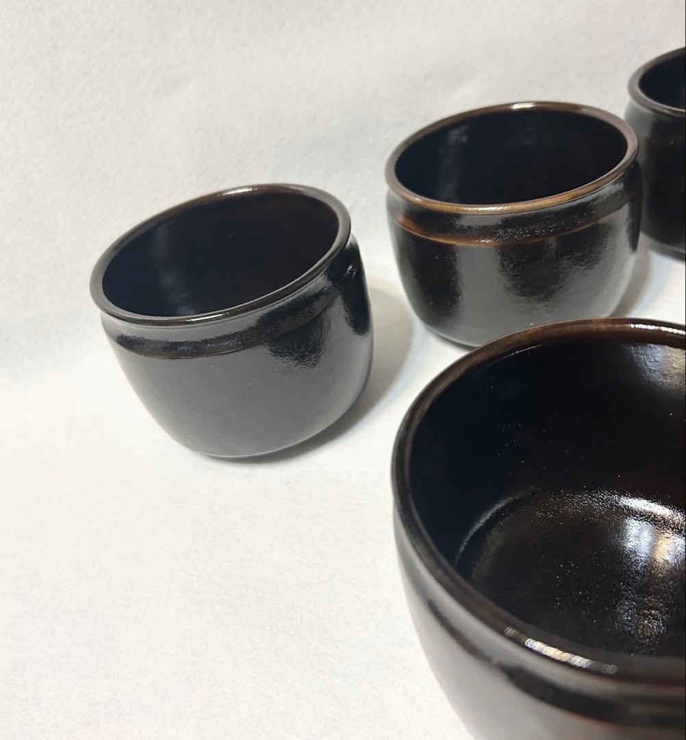 水野健一郎 黒釉 飯器 茶碗 蓋付き 五客 陶芸 木箱