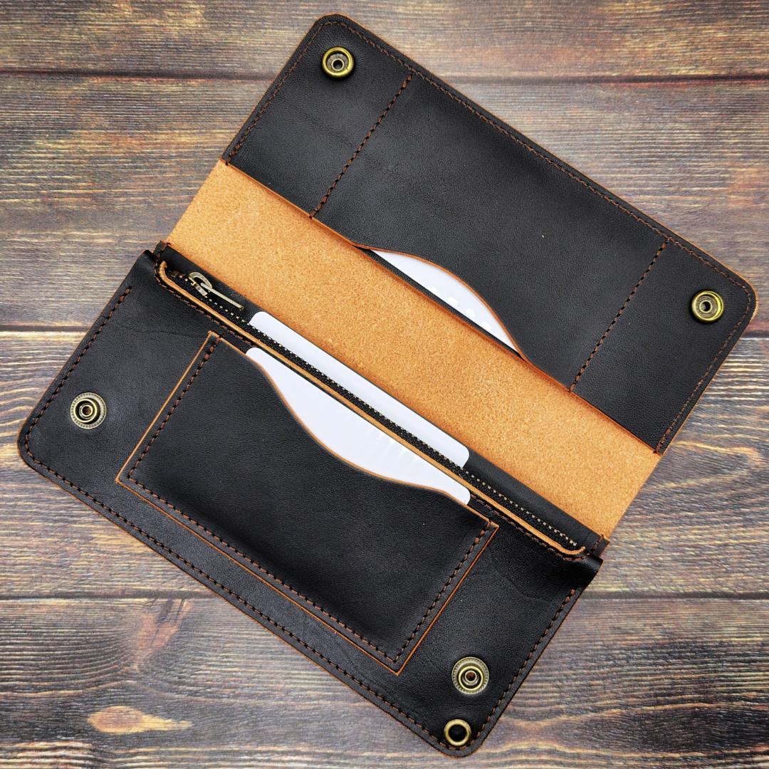 ロングトラッカーウォレット 栃木レザー ハンドメイド 本革 茶芯ブラック