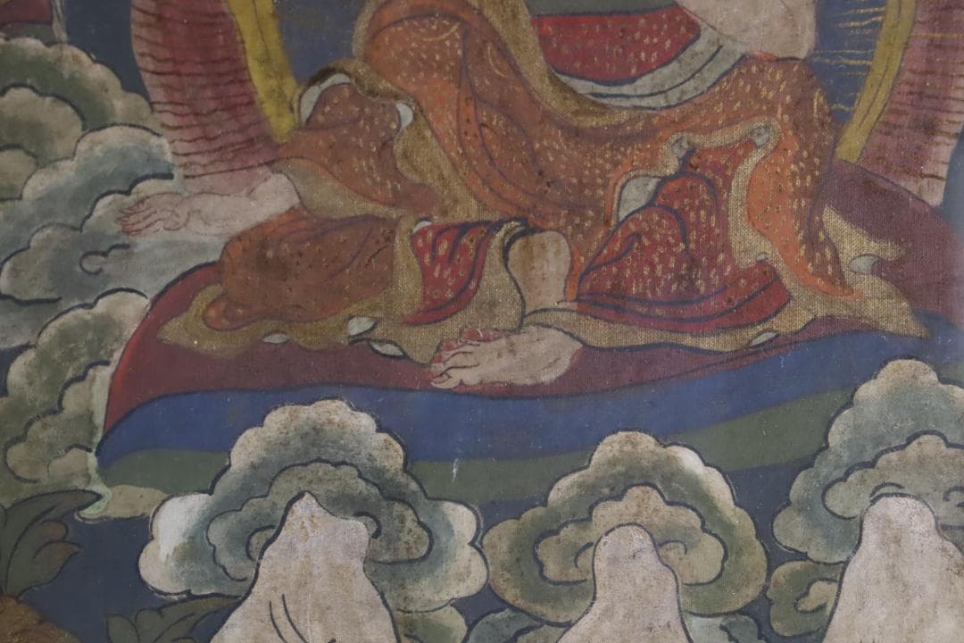 仏教美術 チベットタンカ 四臂観音像 絹本彩色 肉筆 仏画 タンカ 額装