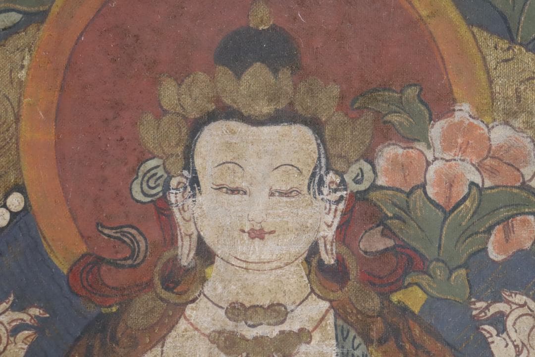 仏教美術 チベットタンカ 四臂観音像 絹本彩色 肉筆 仏画 タンカ 額装