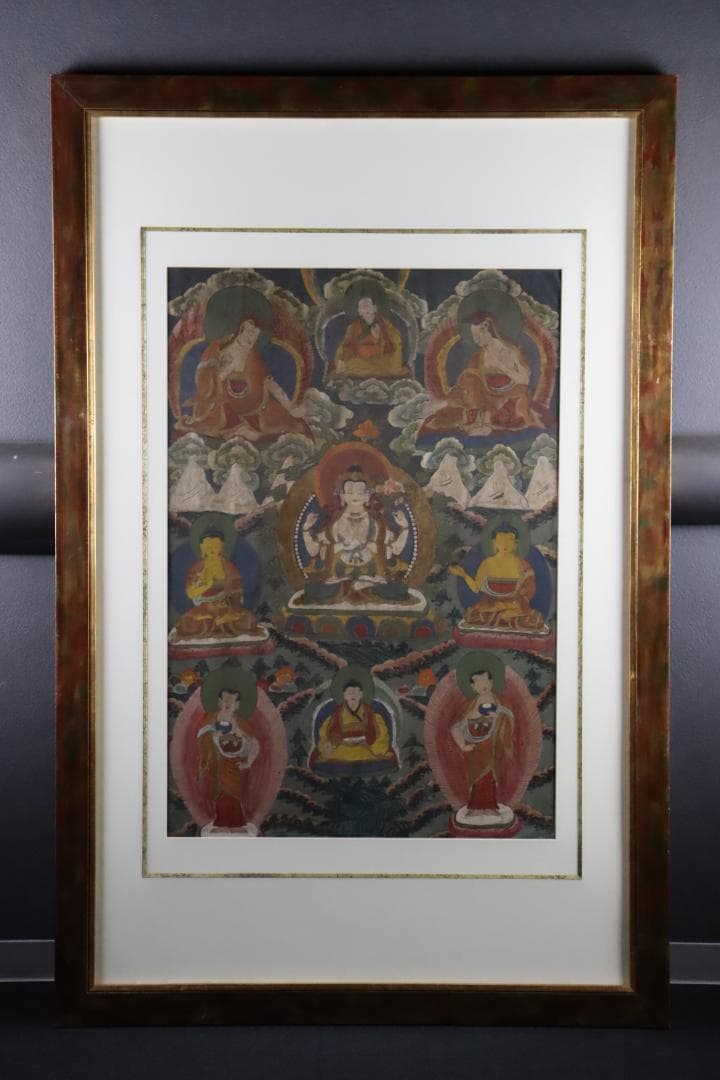 仏教美術 チベットタンカ 四臂観音像 絹本彩色 肉筆 仏画 タンカ 額装