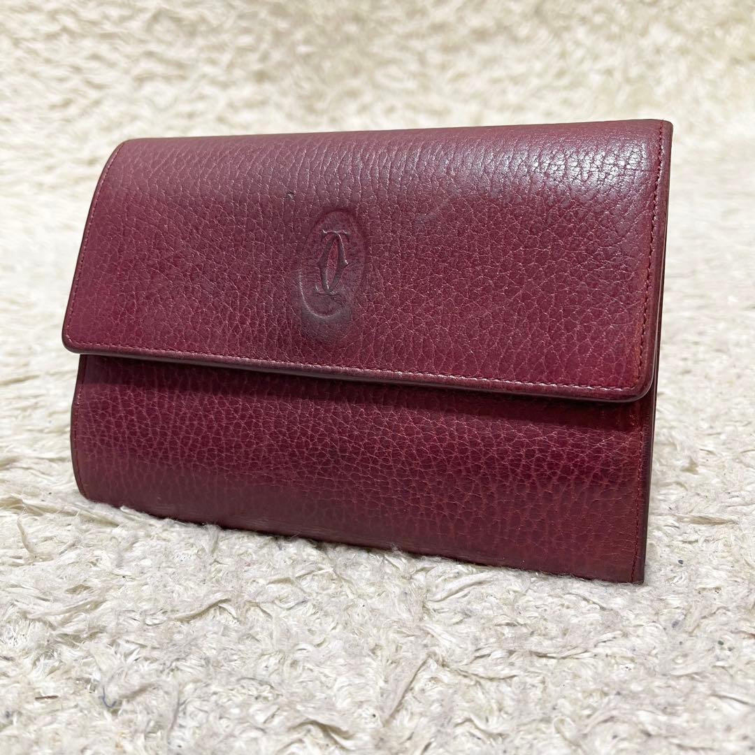 【良品】カルティエ　三つ折り財布　がま口　レザー　ボルドー　ゴールド金具