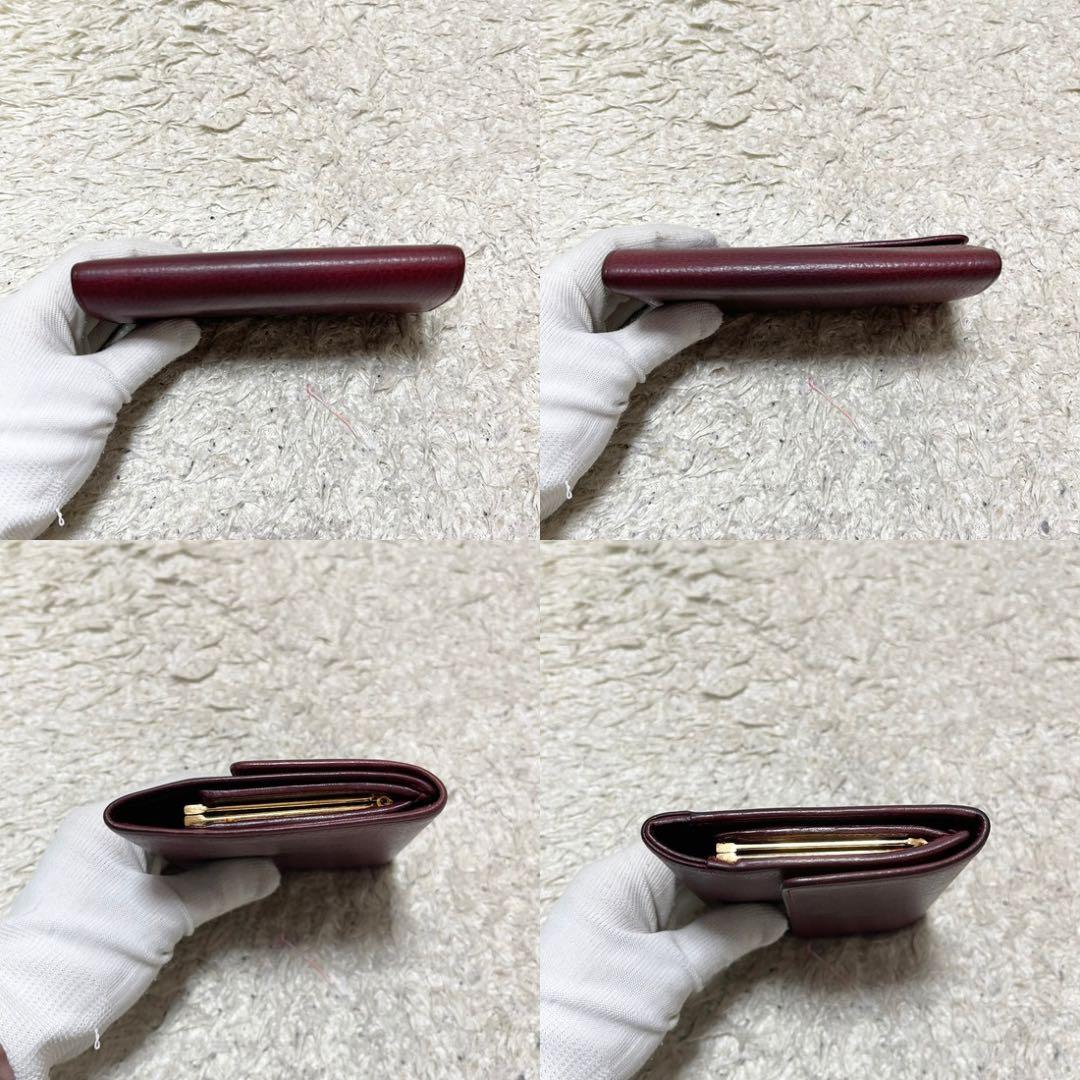 【良品】カルティエ　三つ折り財布　がま口　レザー　ボルドー　ゴールド金具