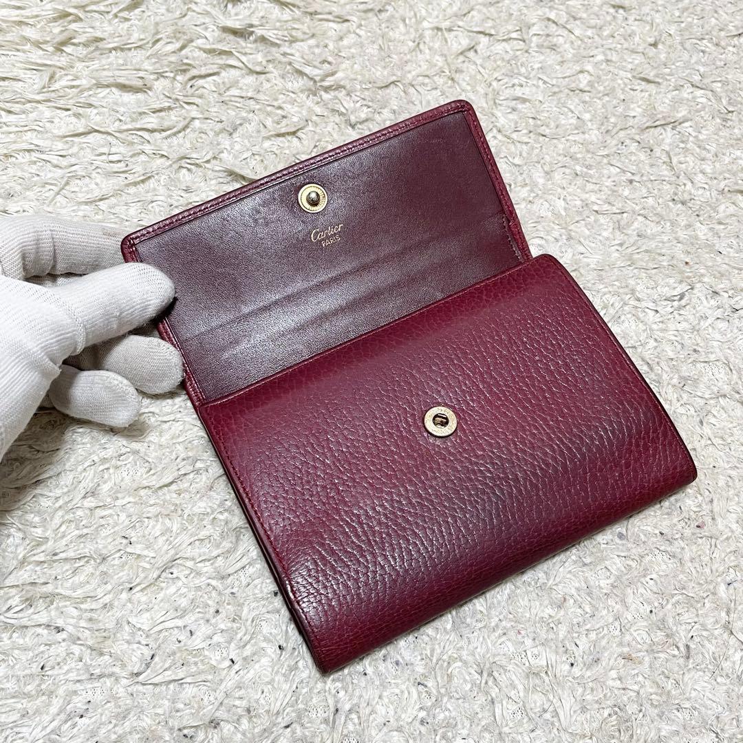 【良品】カルティエ　三つ折り財布　がま口　レザー　ボルドー　ゴールド金具