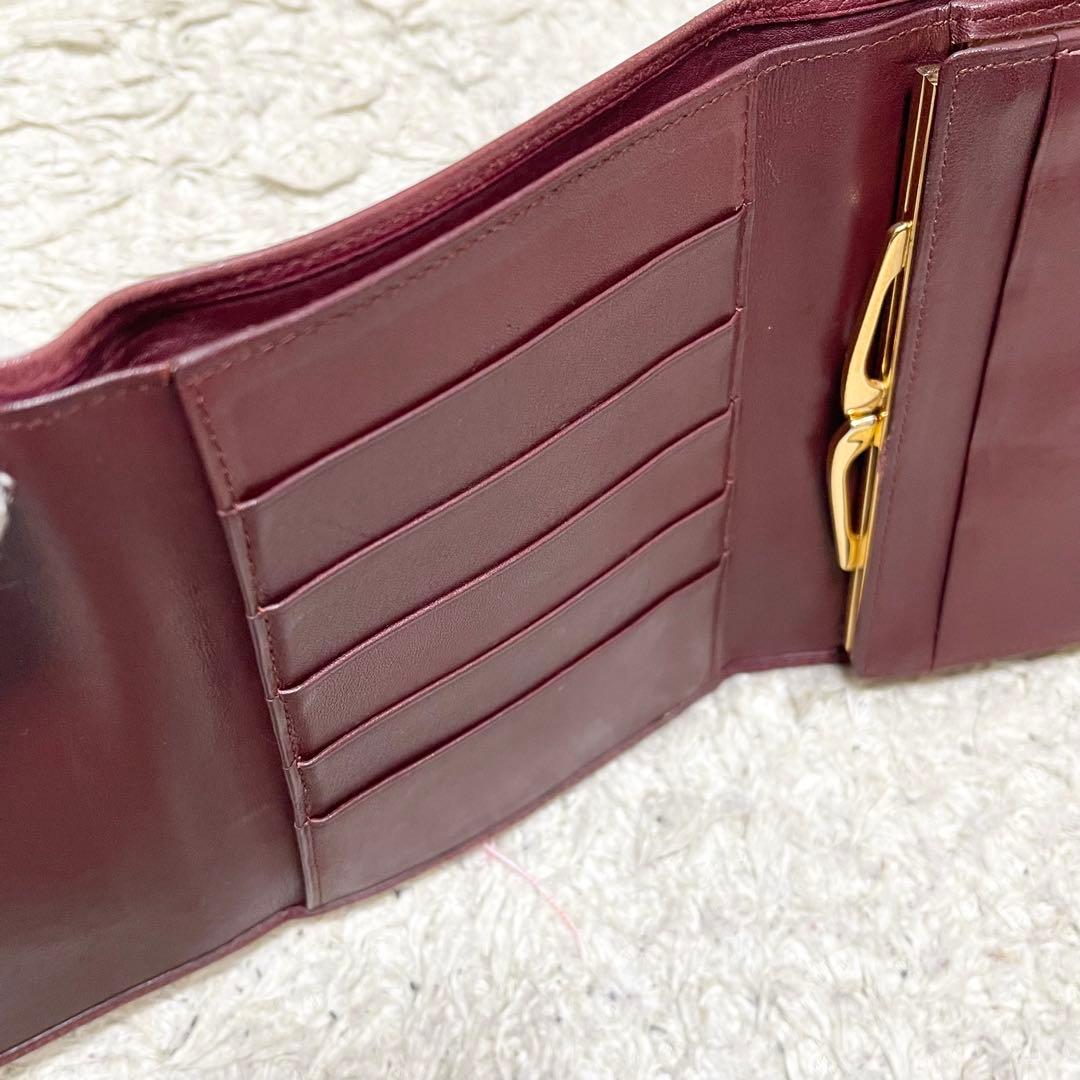 【良品】カルティエ　三つ折り財布　がま口　レザー　ボルドー　ゴールド金具
