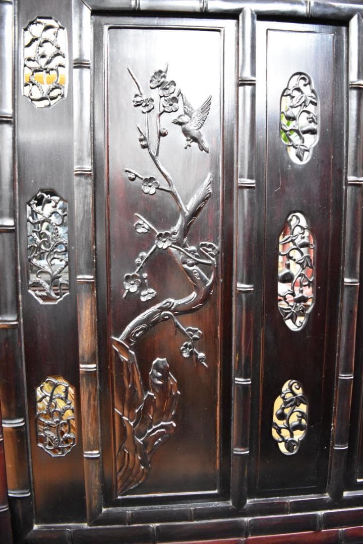 中国民国時代 微細花鳥透かし彫紫檀屏風 古唐木 竹節 一点もの WWWT042