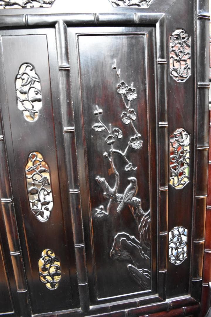 中国民国時代 微細花鳥透かし彫紫檀屏風 古唐木 竹節 一点もの WWWT042