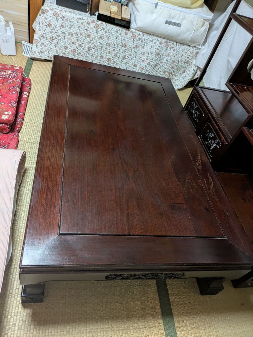 【引き取り専用】木製ダークブラウン座卓 彫刻脚付き