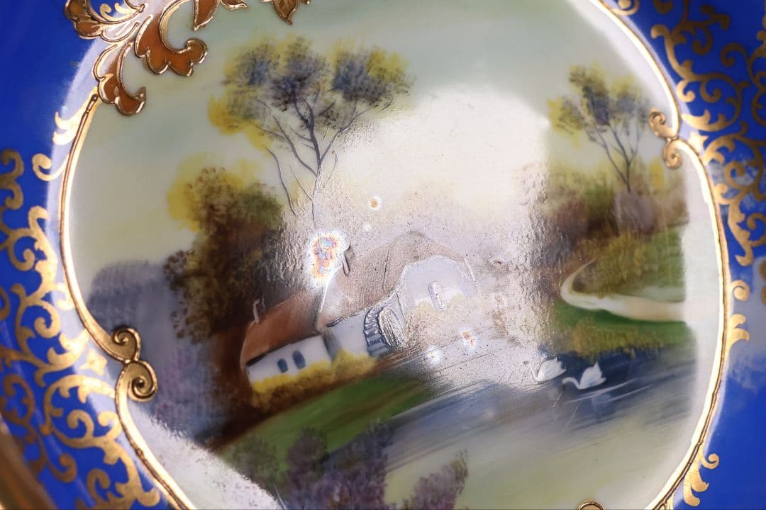 【CM310】オールドノリタケ 風景 白鳥 三足鉢 皿 湖畔 金盛 青 明治