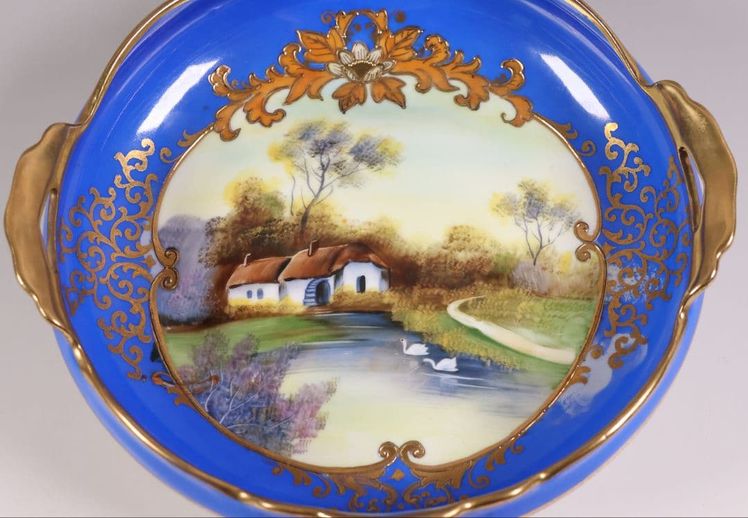 【CM310】オールドノリタケ 風景 白鳥 三足鉢 皿 湖畔 金盛 青 明治