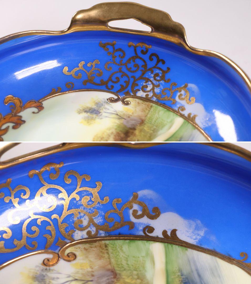 【CM310】オールドノリタケ 風景 白鳥 三足鉢 皿 湖畔 金盛 青 明治