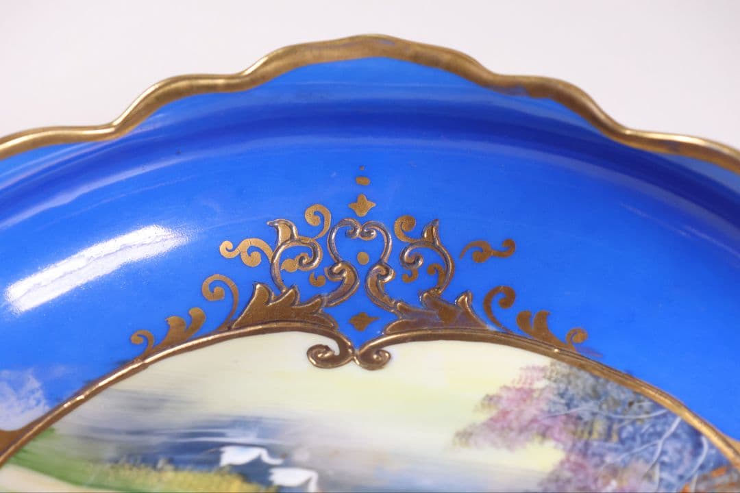 【CM310】オールドノリタケ 風景 白鳥 三足鉢 皿 湖畔 金盛 青 明治