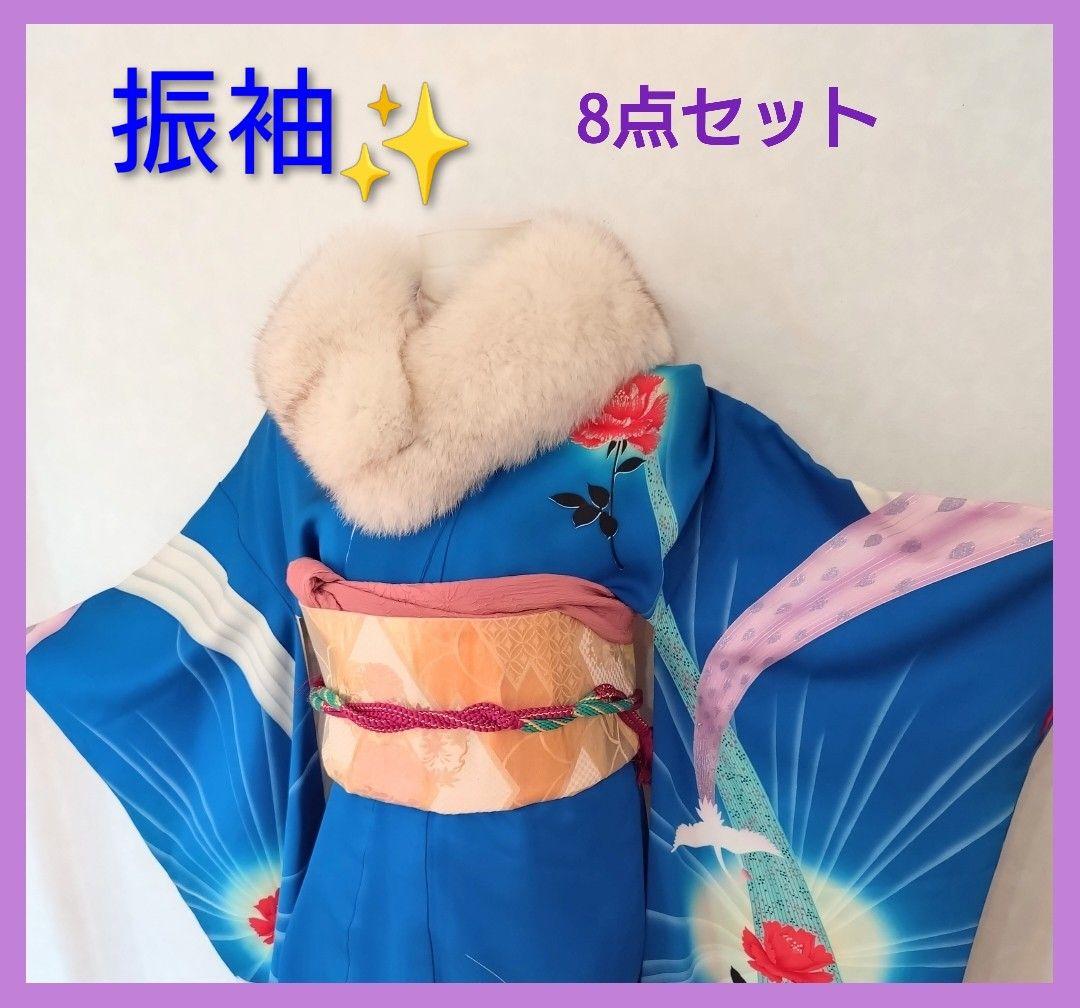 ポケカ 美品 ブルー系振袖 8点フルセット 正絹★青 バラ 鳳凰 ※ラメ