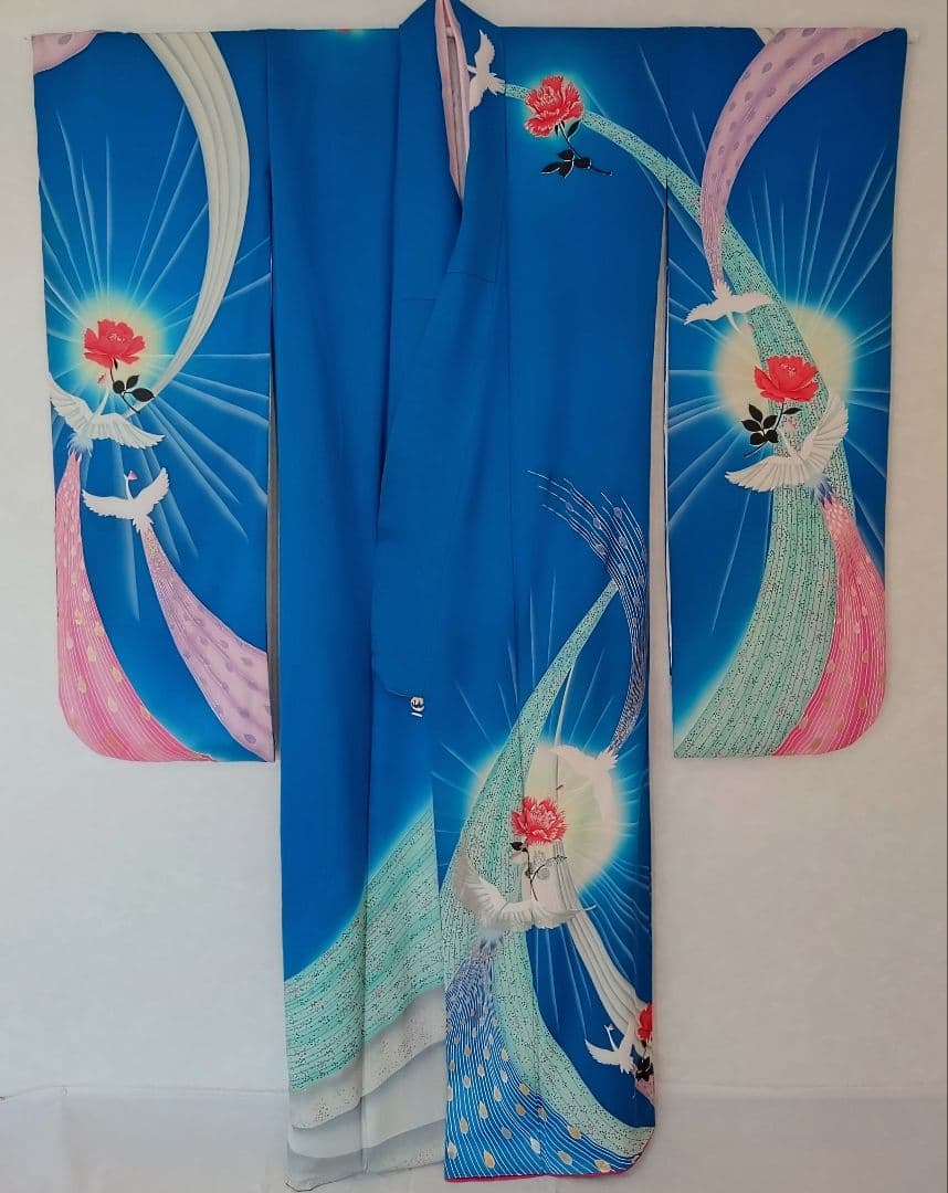 ポケカ 美品 ブルー系振袖 8点フルセット 正絹★青 バラ 鳳凰 ※ラメ