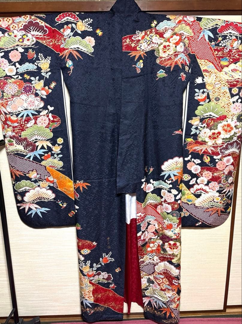 黝色 吉祥 古典柄 振袖 身丈160
