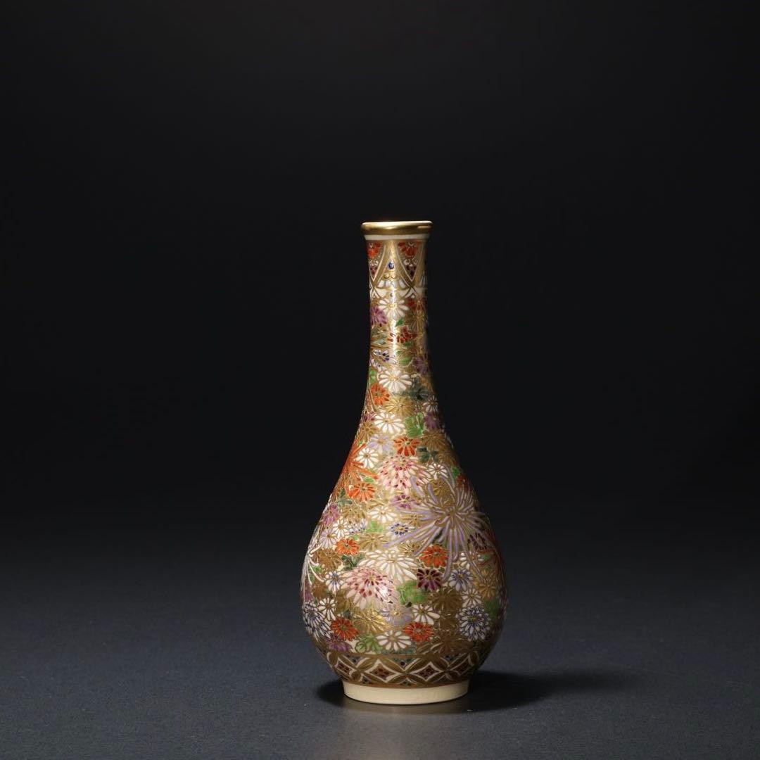 薩摩　鶴首菊図花瓶　金襴手　錦正　共箱　R1484ダN