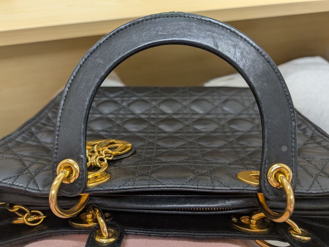 美品 ディオール レディディオール カナージュ レザー ハンドバッグ 黒