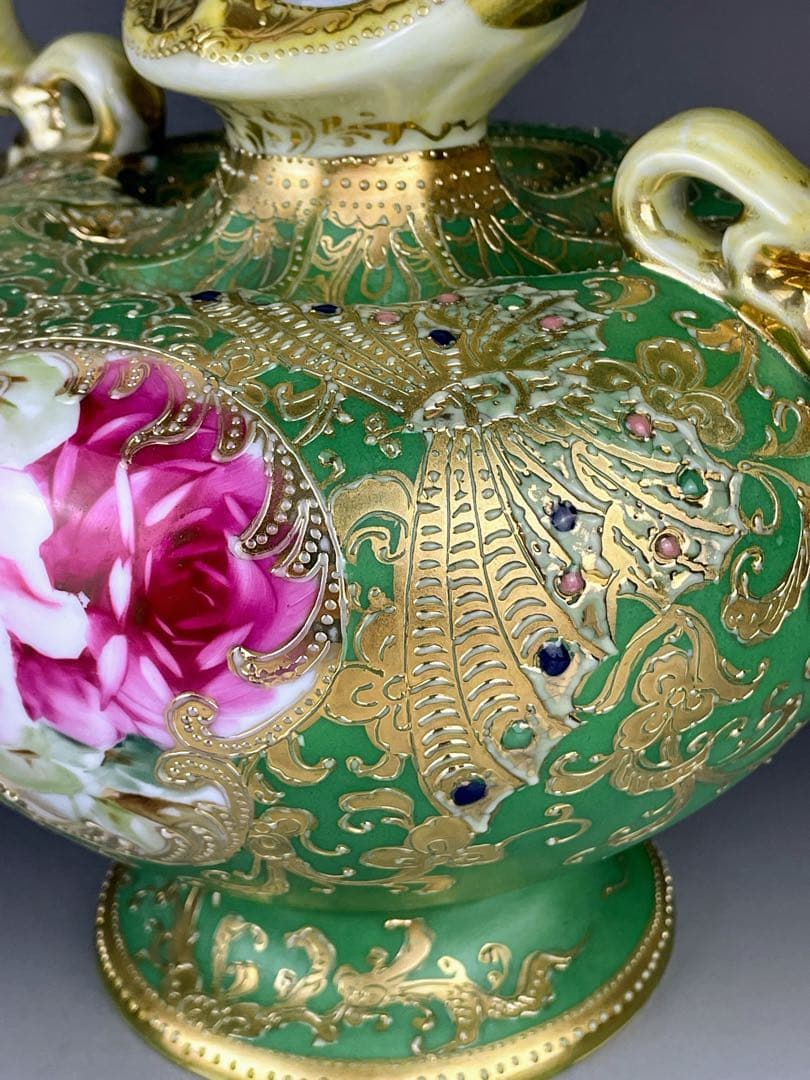 【美品】オールドノリタケ ジュエル 翠地金盛り蝶 薔薇紋花瓶 ジュール エナメル