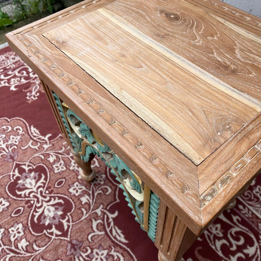 木製無垢材 チーク材◾️彫刻デザイン サイドテーブル 飾り台 花台 ディスプレイ台