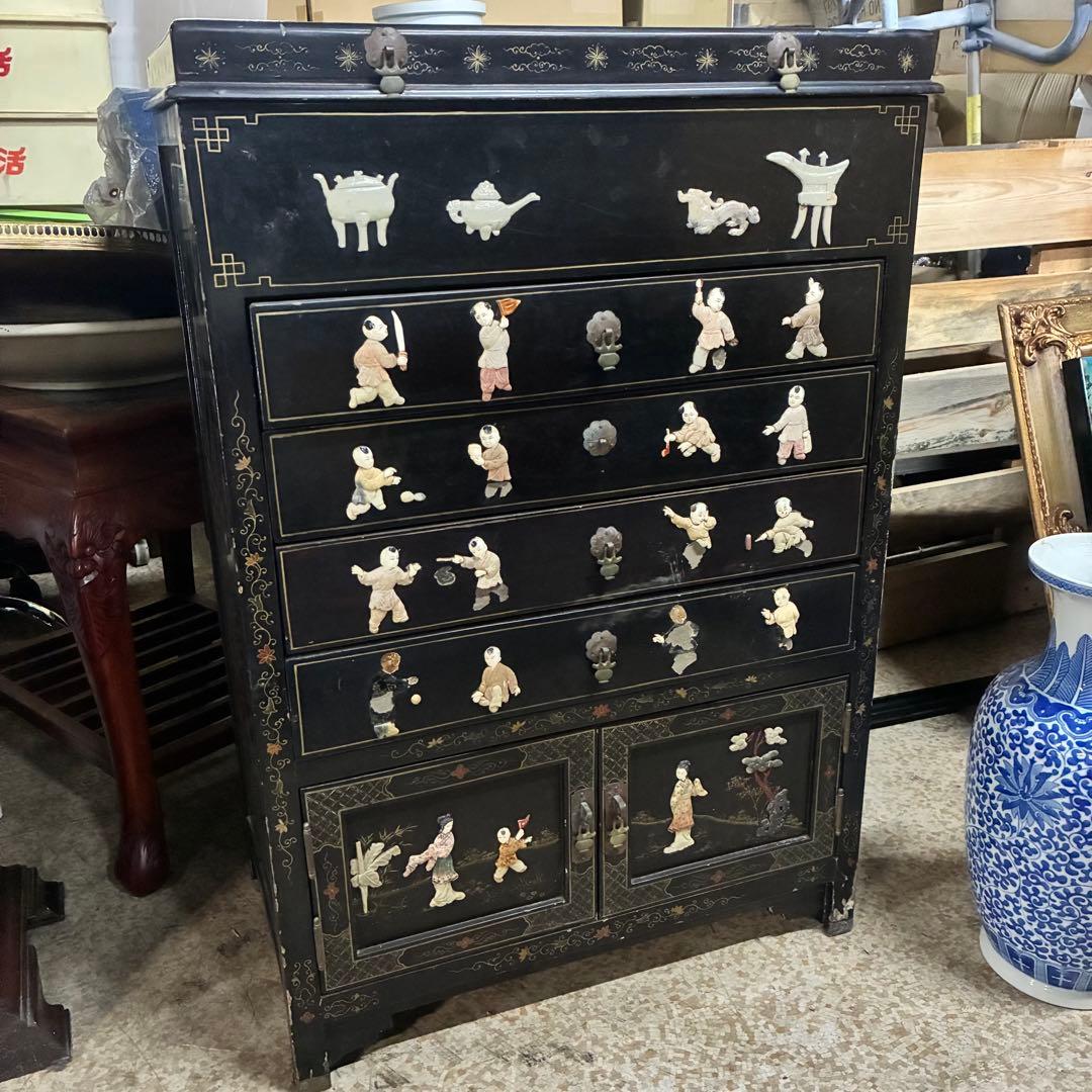 中国箪笥 黒漆 玉石細工 唐子 女官 花鳥図 中国美術 中国古玩 アンティーク