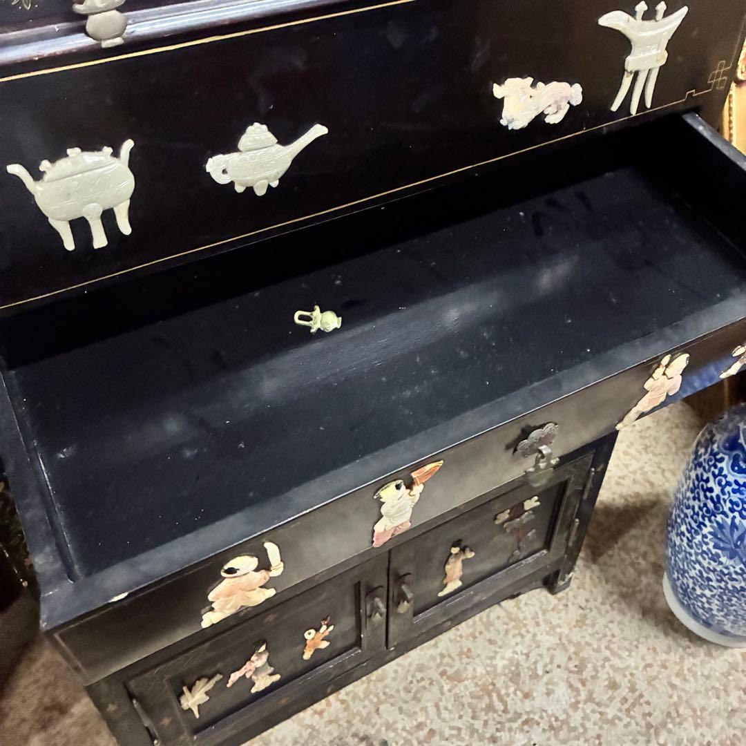 中国箪笥 黒漆 玉石細工 唐子 女官 花鳥図 中国美術 中国古玩 アンティーク