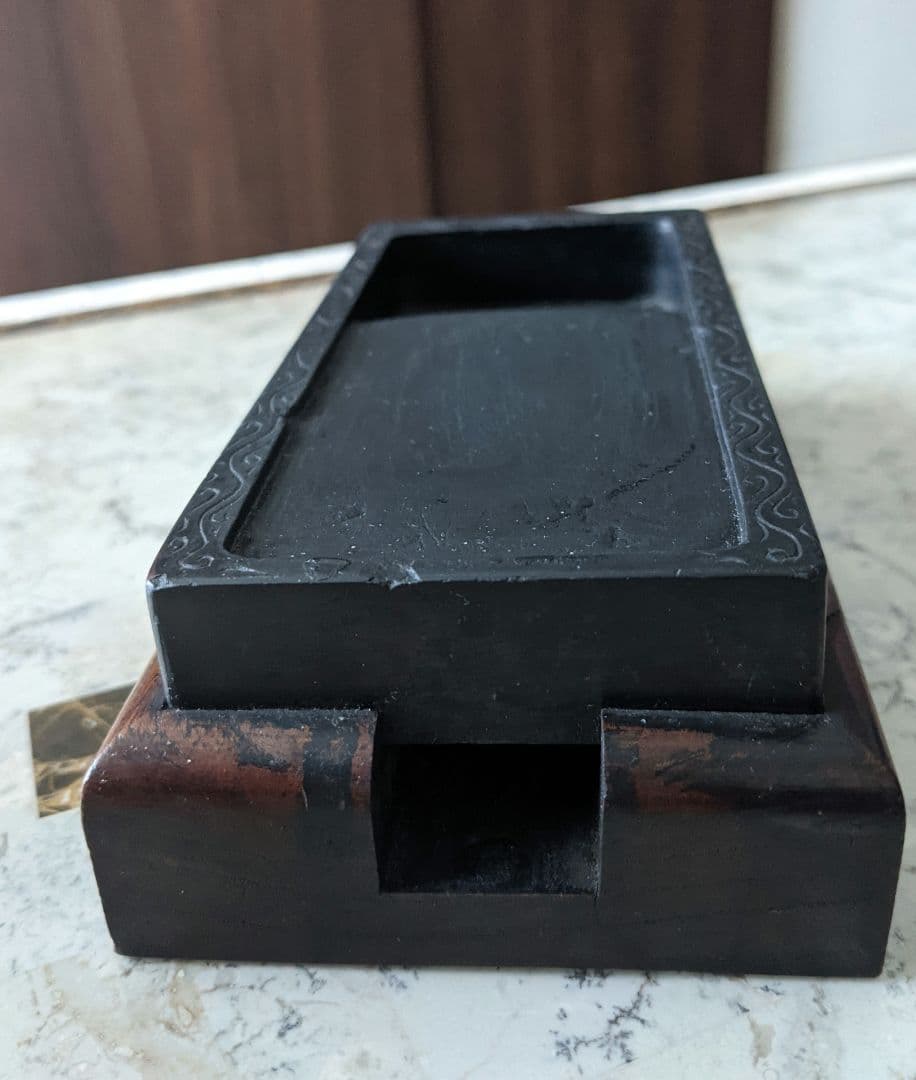 硯／書道／アンティーク台座付き硯