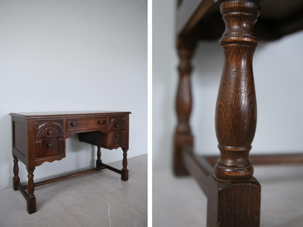 英国アンティーク木製デスク/勉強机/テーブル/飾り棚/オフィス事務(91-57)