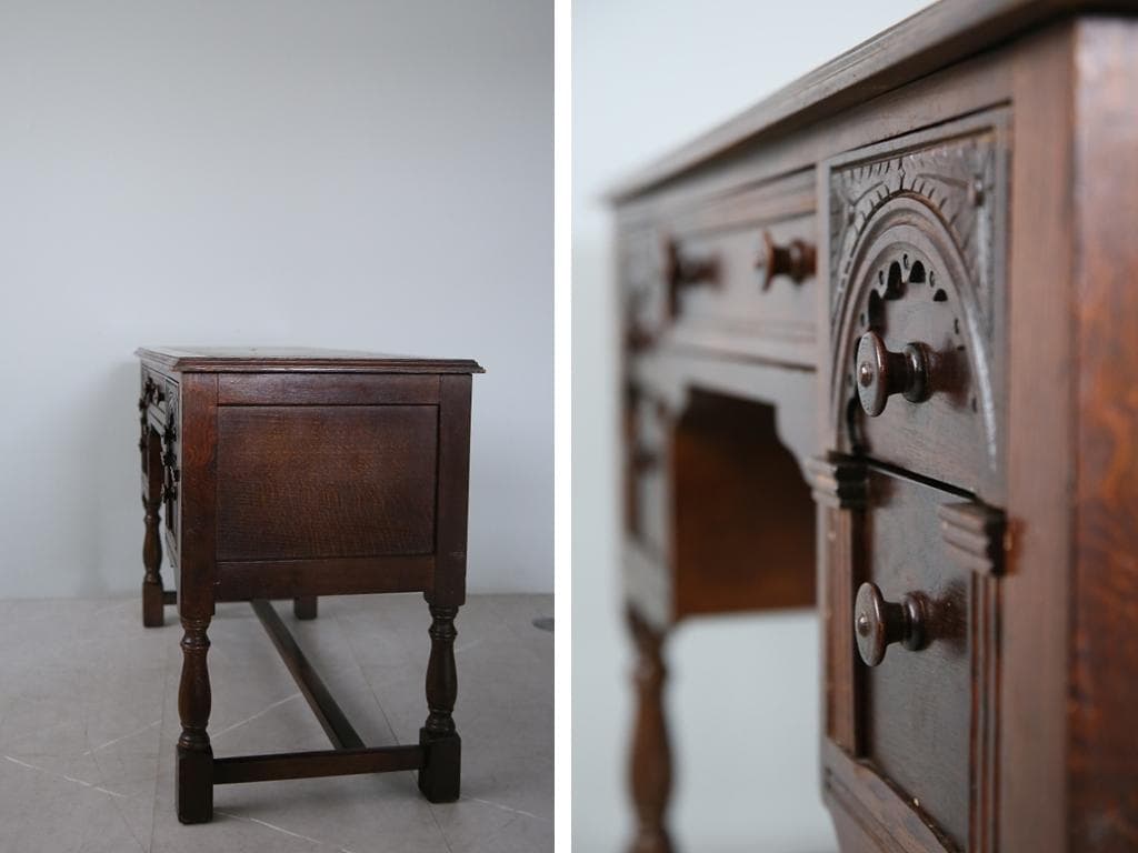 英国アンティーク木製デスク/勉強机/テーブル/飾り棚/オフィス事務(91-57)