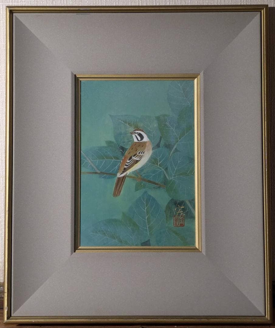 【真作】絵画　野々内宏　日本画SM　頬白　花鳥画の繊細な美　共シール　W72