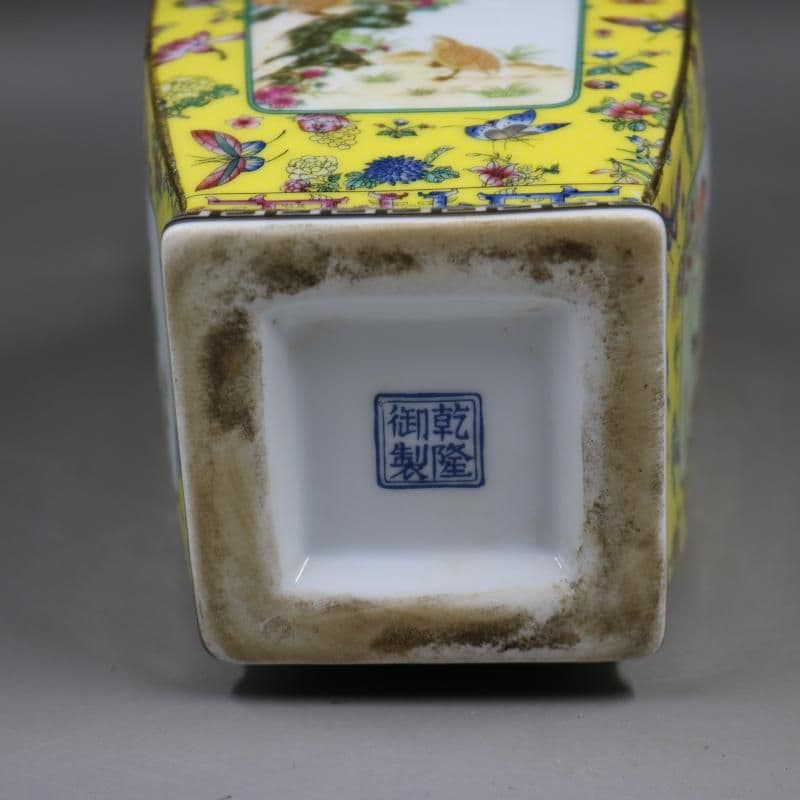 清乾隆琺瑯彩飄花黄地花鳥四方瓶 景徳鎮 陶磁器 装飾品 現代工芸品 美術品 置物