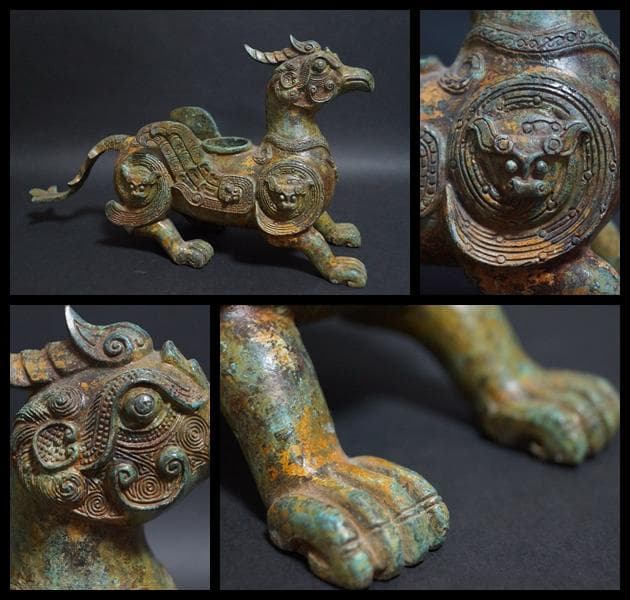 大型青銅製金工細工 戦国『鳳凰双翼獣 燭台像』迫力あるオブジェ瑞獣灯台高39ｃｍ
