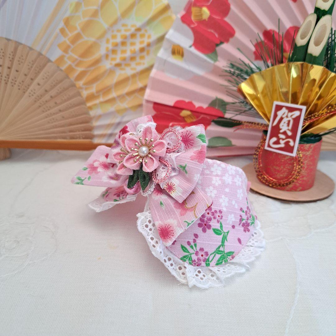 お正月仕様和風つまみ細工(ピンク③)わんちゃん猫ちゃん用襟つき首輪