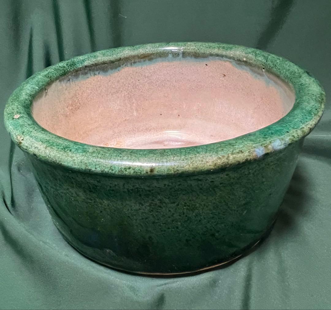 中国清朝緑釉 陶器古美術骨董品 時代物 高さ9cmx口径19.5cm整理品現状品