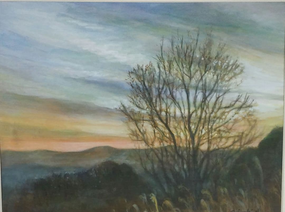 貴志川のレアな夕焼け、額縁ガラス入り６号保田三友紀の古典画水彩