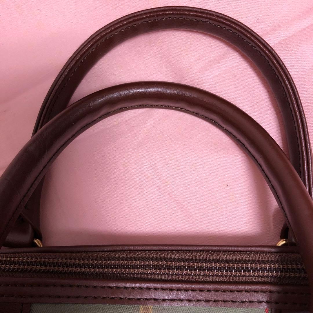 昭和　ボストンバッグ 緑色と茶色のチェック柄