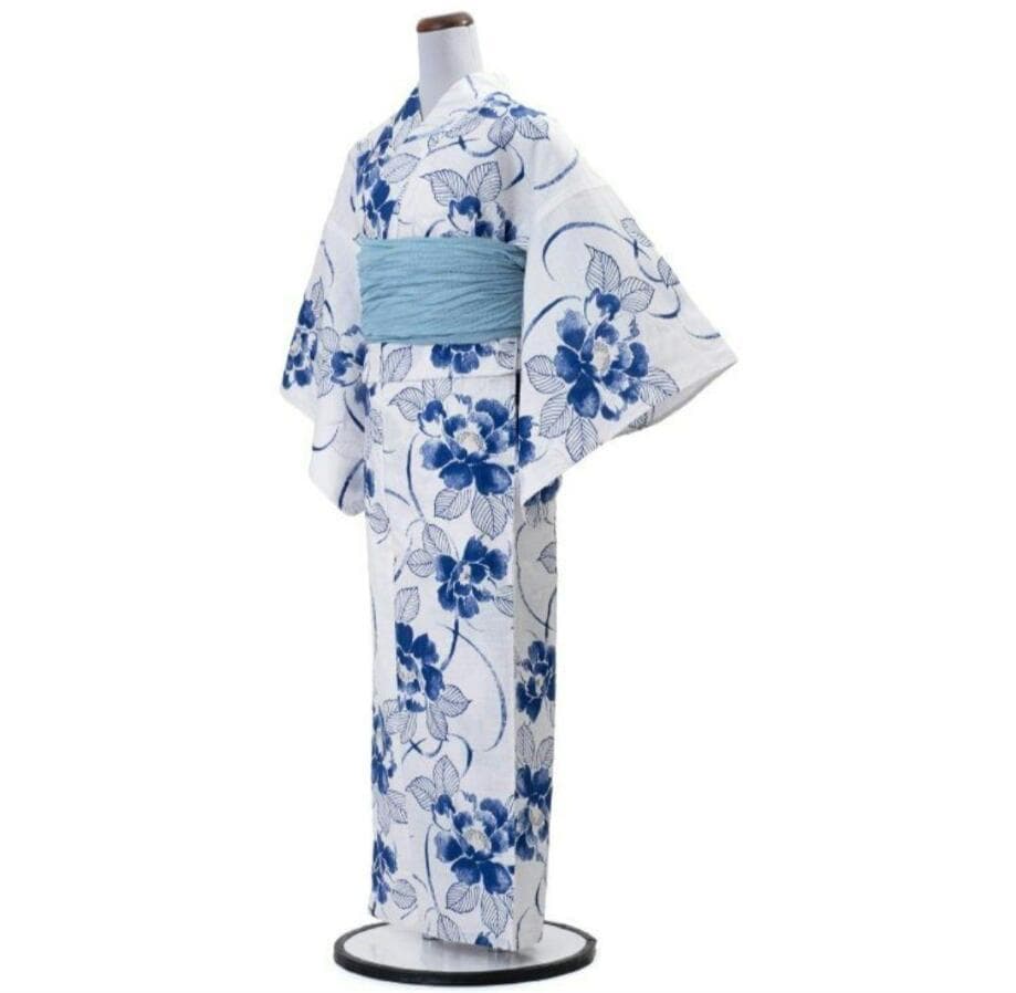 お任せ下駄+お任せ青系半幅帯お任せ帯締めつき◆墨描き鉄線花浴衣◆新