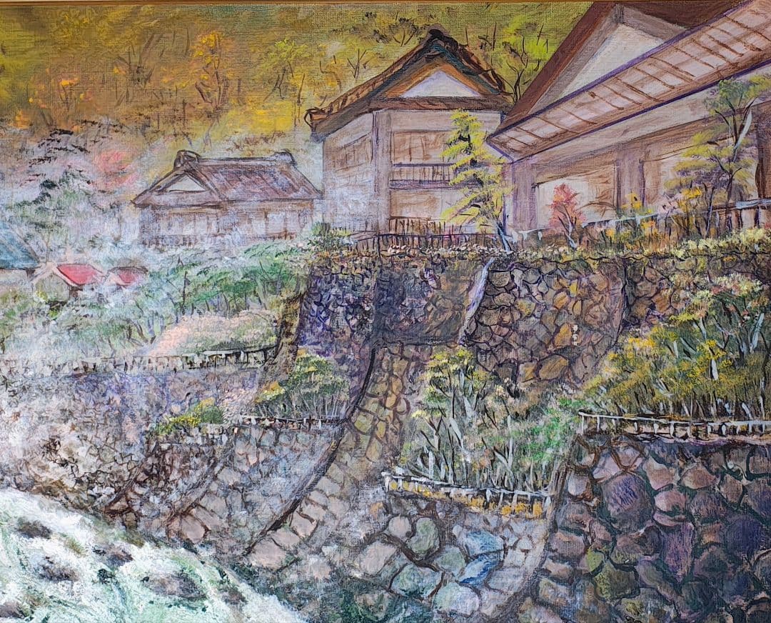 ​大型 F30号 木製額縁 油彩 風景画 温泉街 湯治場 レトロ アンティーク