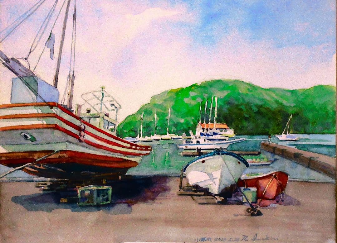 水彩画 陸揚げ船(原画)額装付き