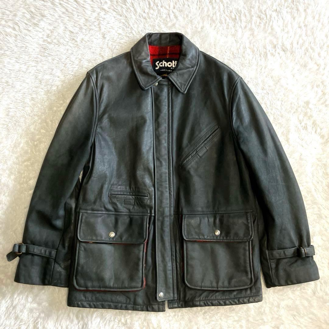 Schott 高級ヌバックレザージャケット　ウールチェック裏地　カーコート