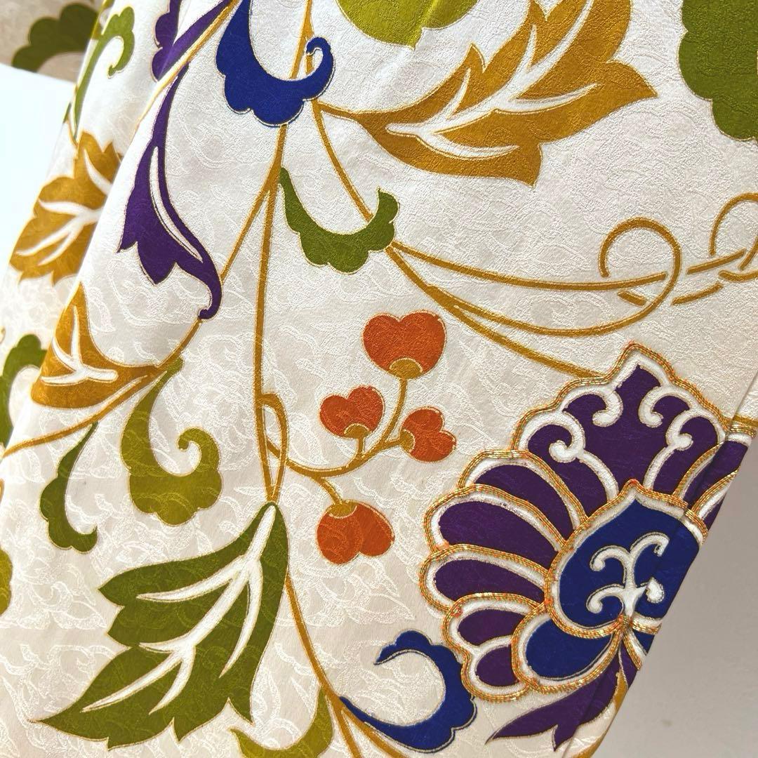 363 振袖フルセット 正絹 ベージュ オレンジ 金彩 駒刺繍 レトロ 花唐草