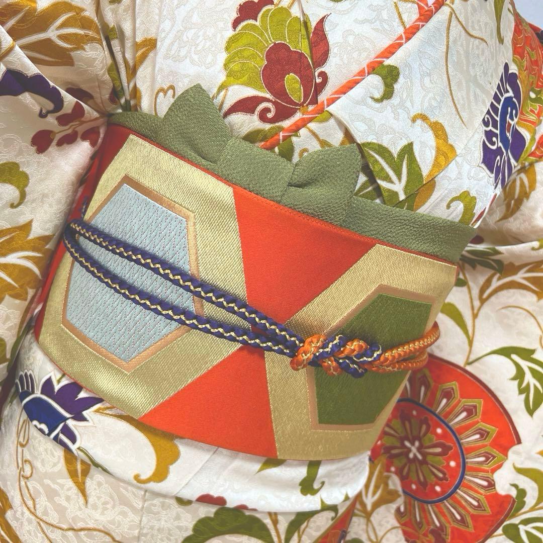363 振袖フルセット 正絹 ベージュ オレンジ 金彩 駒刺繍 レトロ 花唐草