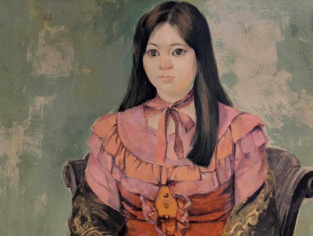 【真作】版画　柳沢淑郎　リトグラフ　扇を持つ少女　上品な色彩と表情美　X80