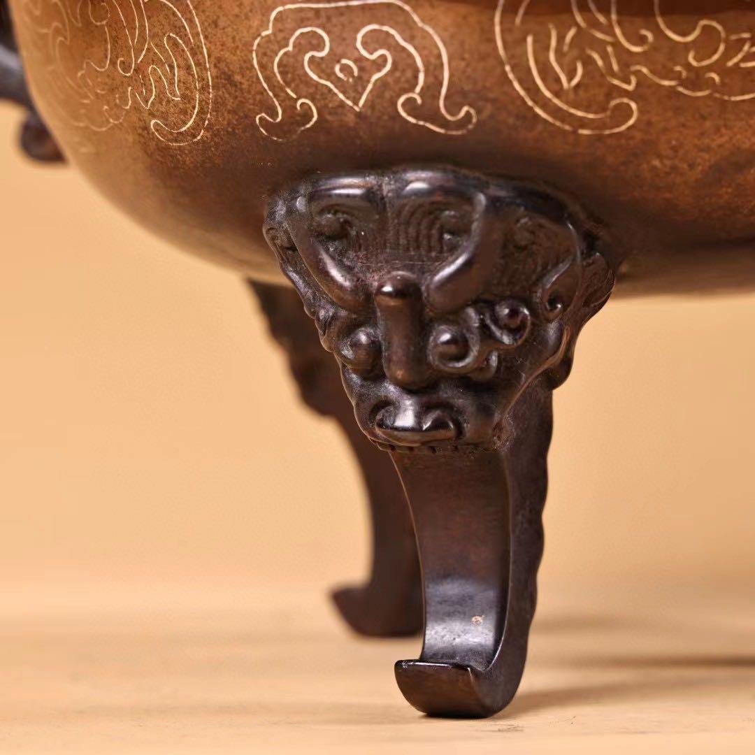 珍品  旧蔵収  精銅  全銅  紫銅  象嵌銀糸 薫香炉