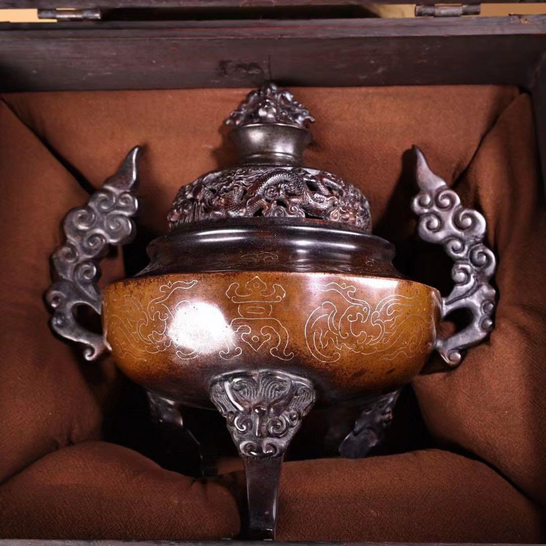 珍品  旧蔵収  精銅  全銅  紫銅  象嵌銀糸 薫香炉